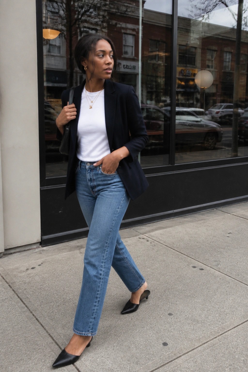 Woman in black blazer, white tee, and blue jeans on city sidewalk