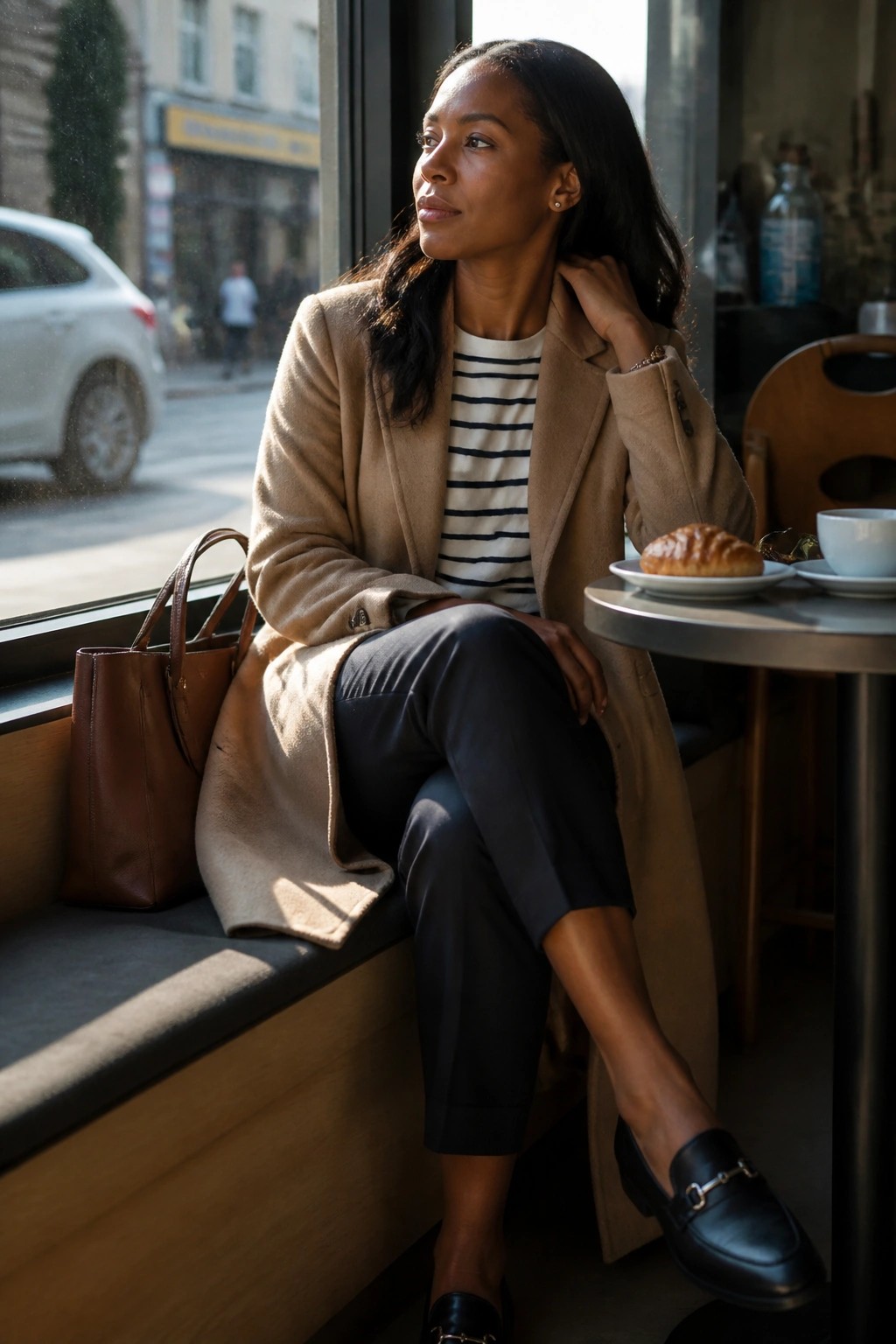 Woman in beige coat sits by cafe window with leather bag and croissant.