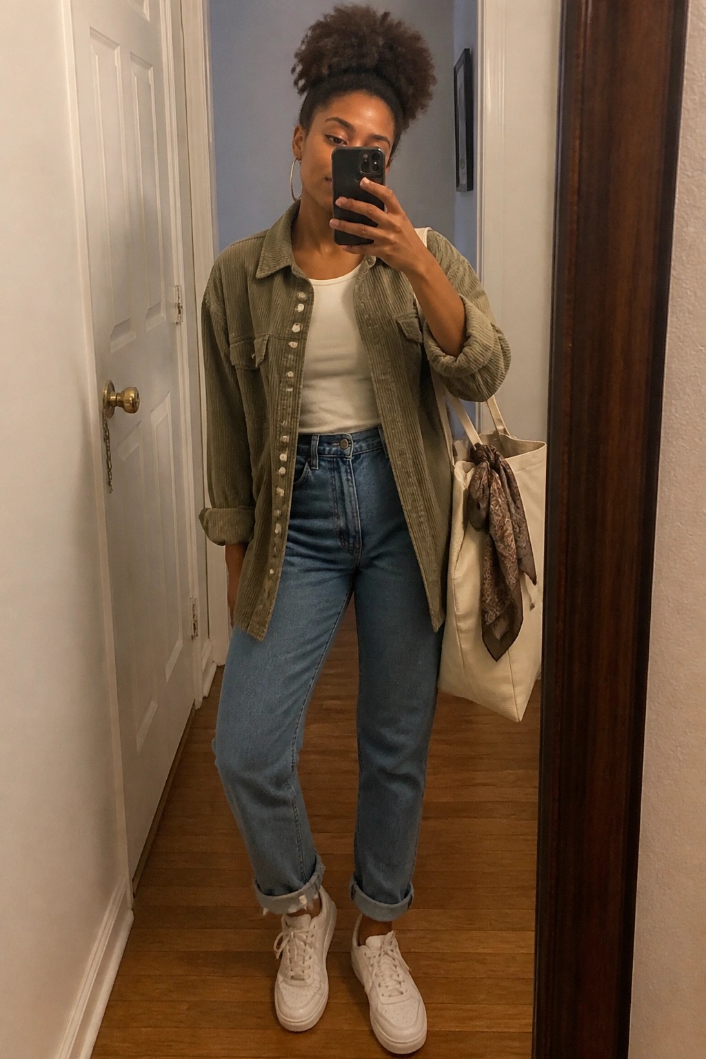 Woman in green corduroy shirt and cuffed jeans taking mirror selfie with tote bag