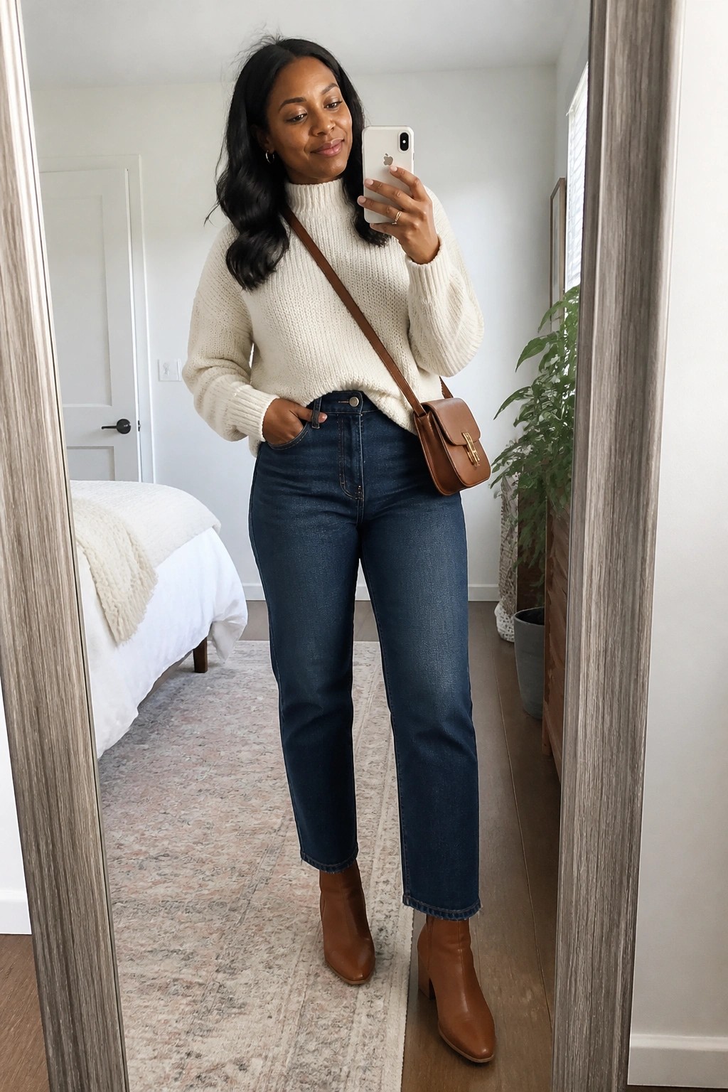 Woman in cream sweater and jeans taking mirror selfie with brown bag