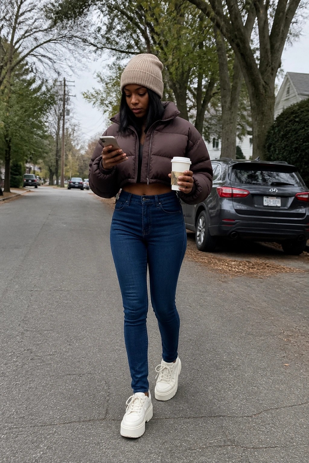 A woman wearing a beige beanie, brown cropped puffer jacket over a black top, blue high-waisted jeans, and white platform sneakers while holding a phone and coffee cup.