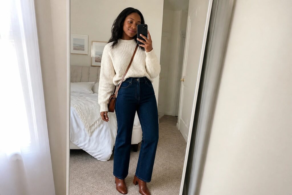 Woman in cream sweater and jeans taking mirror selfie with brown bag