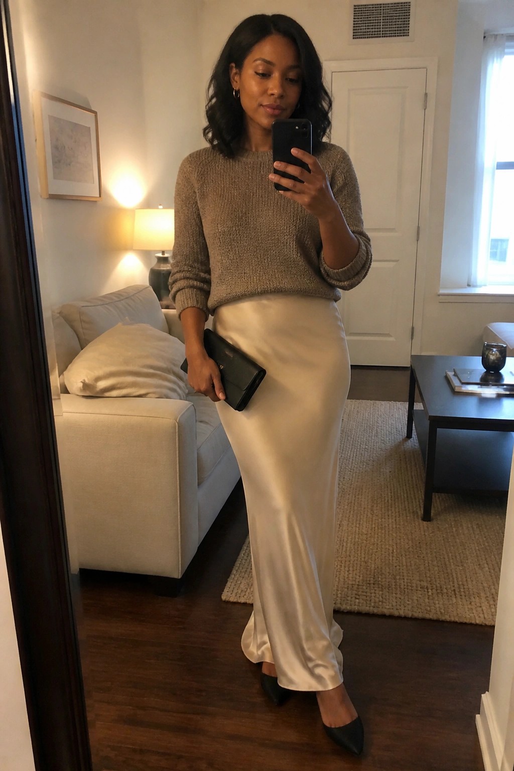 Woman in beige knit sweater and white satin skirt taking mirror selfie in living room