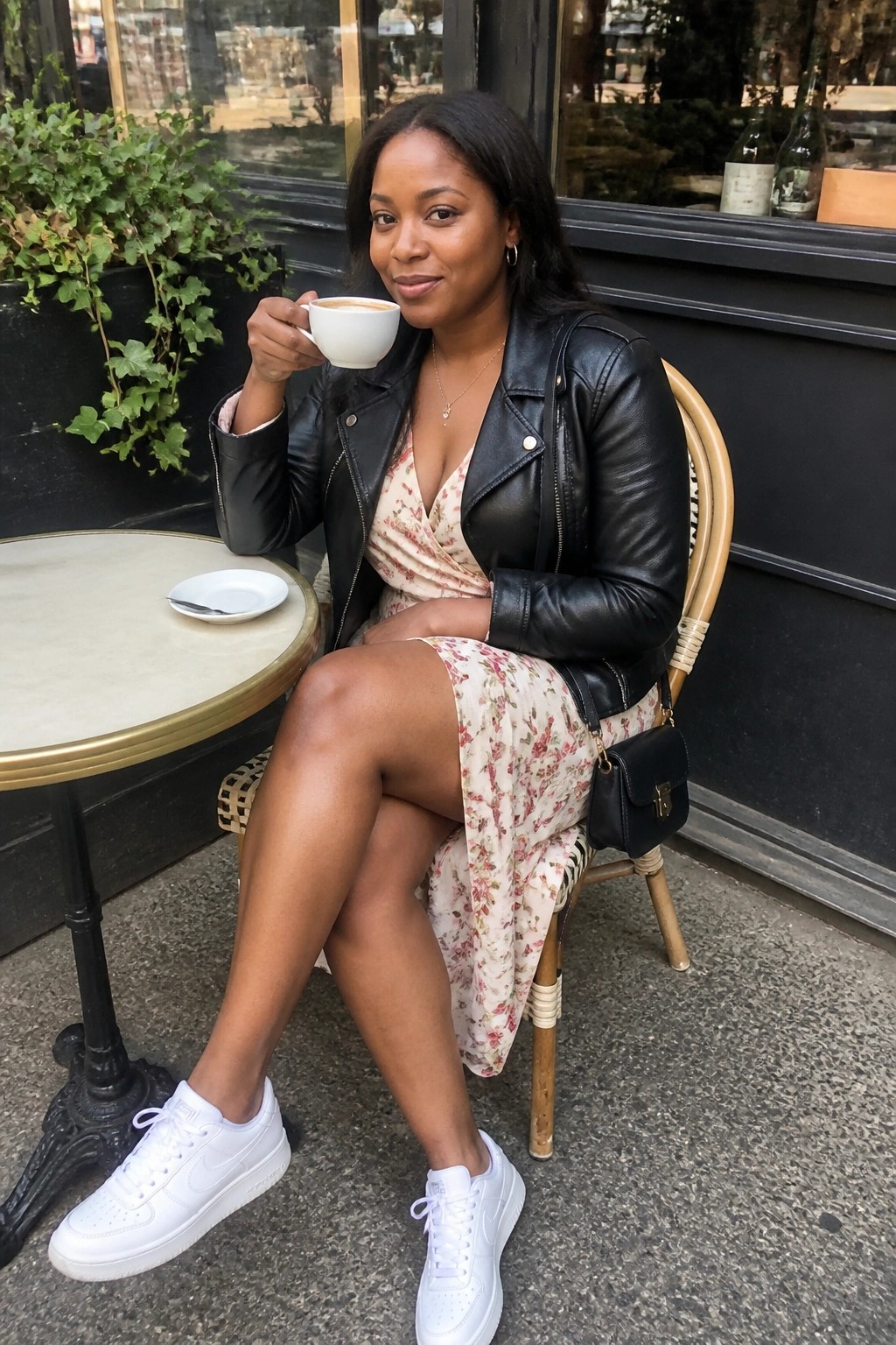 Woman in black leather jacket over floral dress sipping coffee at outdoor cafe