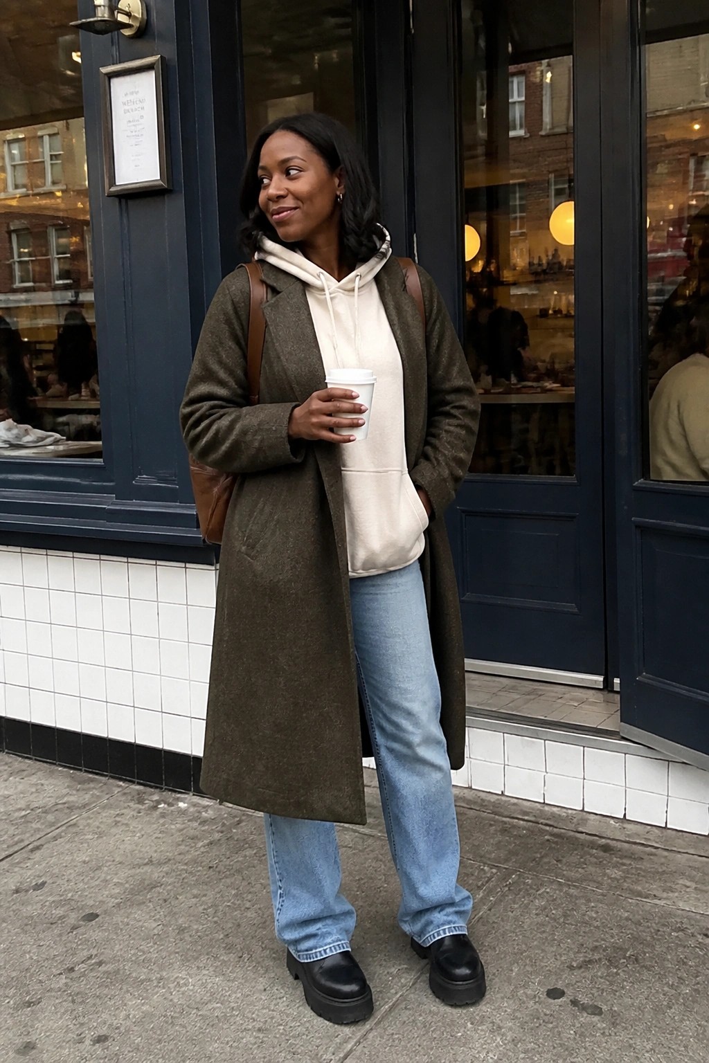 Woman in long brown coat over cream hoodie holding coffee outside blue storefront