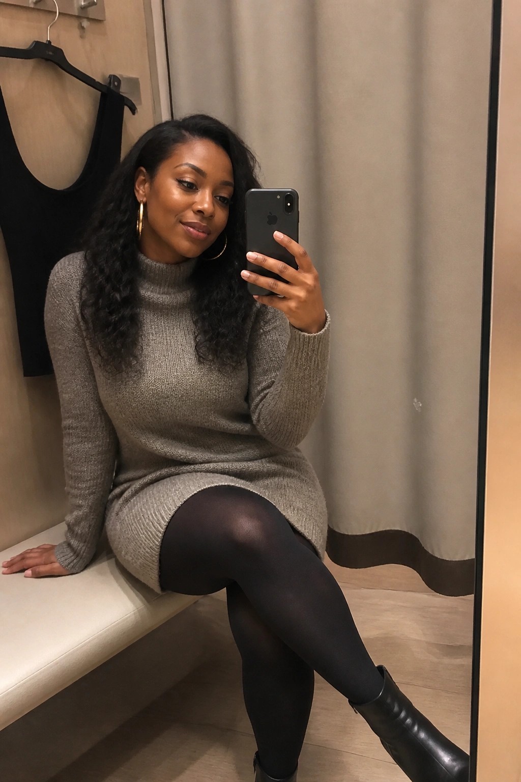 Woman in a taupe knit turtleneck sweater dress paired with black tights and black ankle boots taking a mirror selfie while seated on a bench.