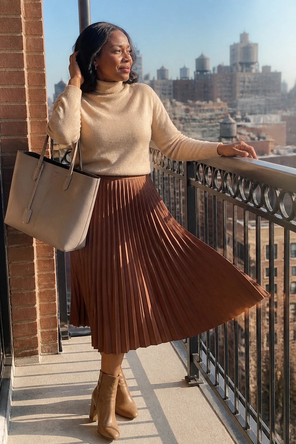 Woman in beige turtleneck and brown pleated skirt on sunny city balcony with tote bag