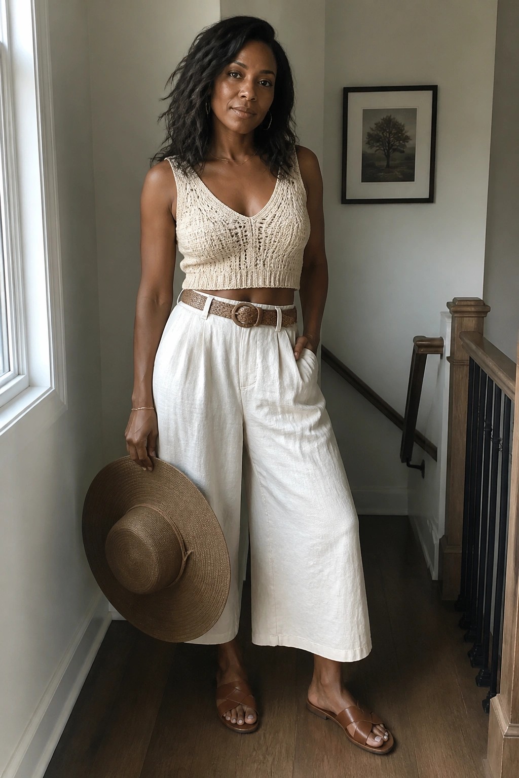 Woman in cream knit crop top and white wide-leg pants holding straw hat by stairs.