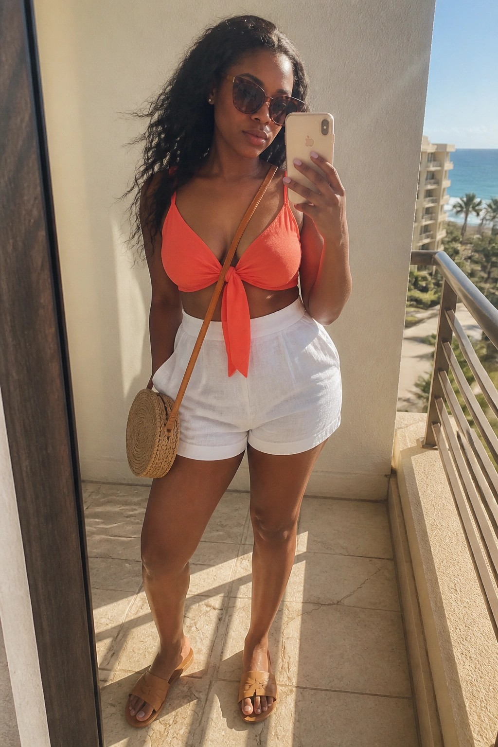 Woman in orange knotted top and white shorts taking balcony selfie overlooking ocean