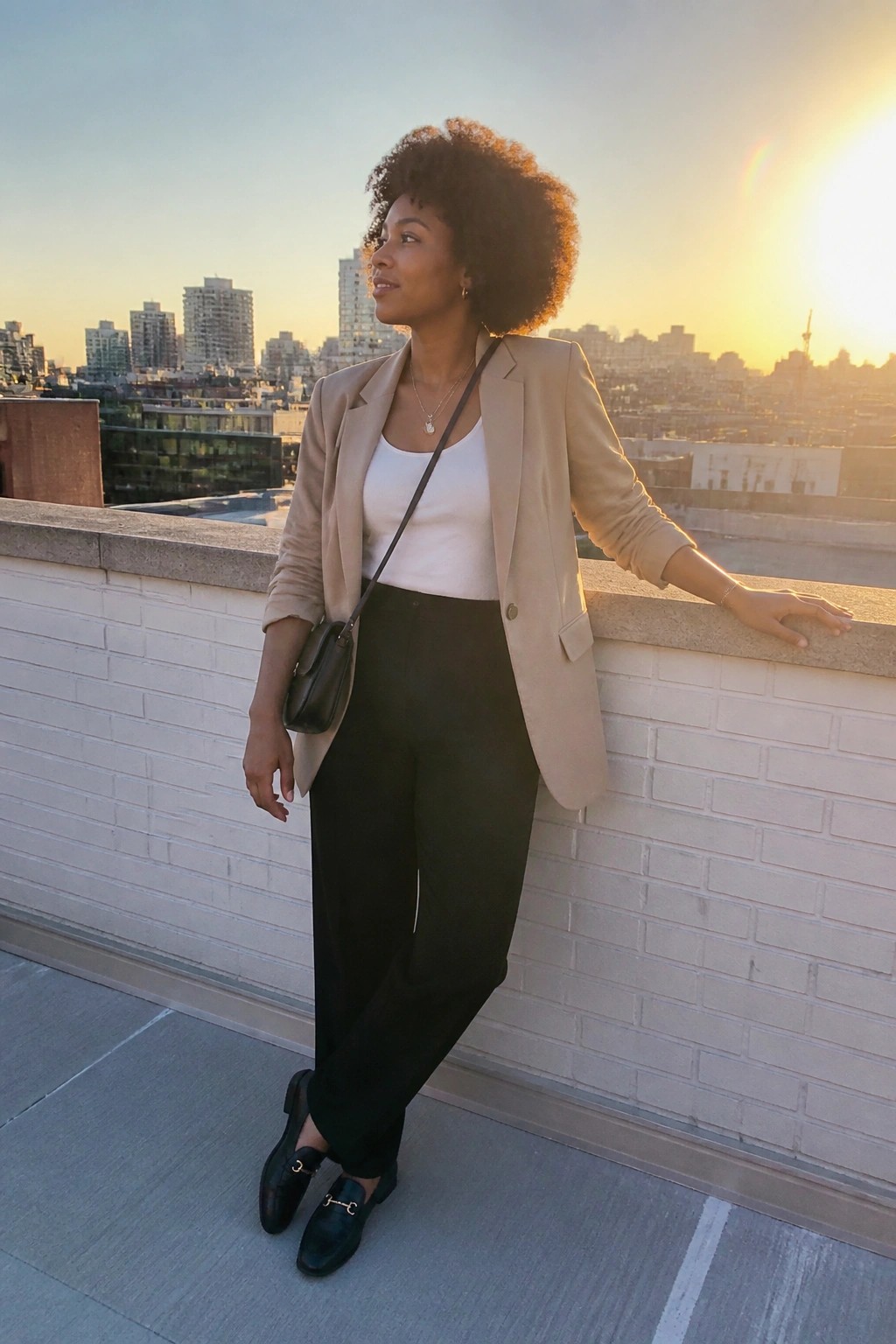 Curly-haired woman in beige blazer leaning on ledge overlooking city at sunset