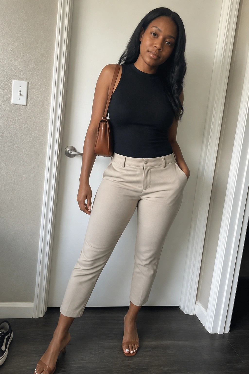 Woman in black sleeveless top and beige cropped pants with brown bag