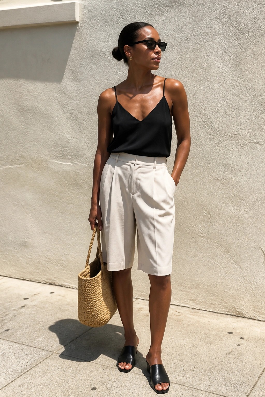 Woman in black camisole and white pleated shorts holding woven straw tote.