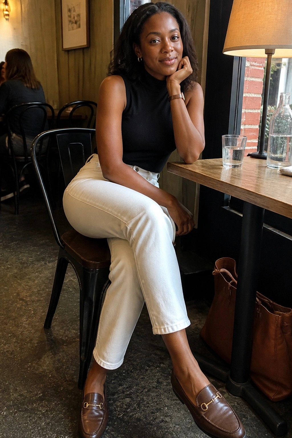 Woman in black sleeveless turtleneck top, white cropped jeans and brown loafers with gold detail seated at a wooden table.