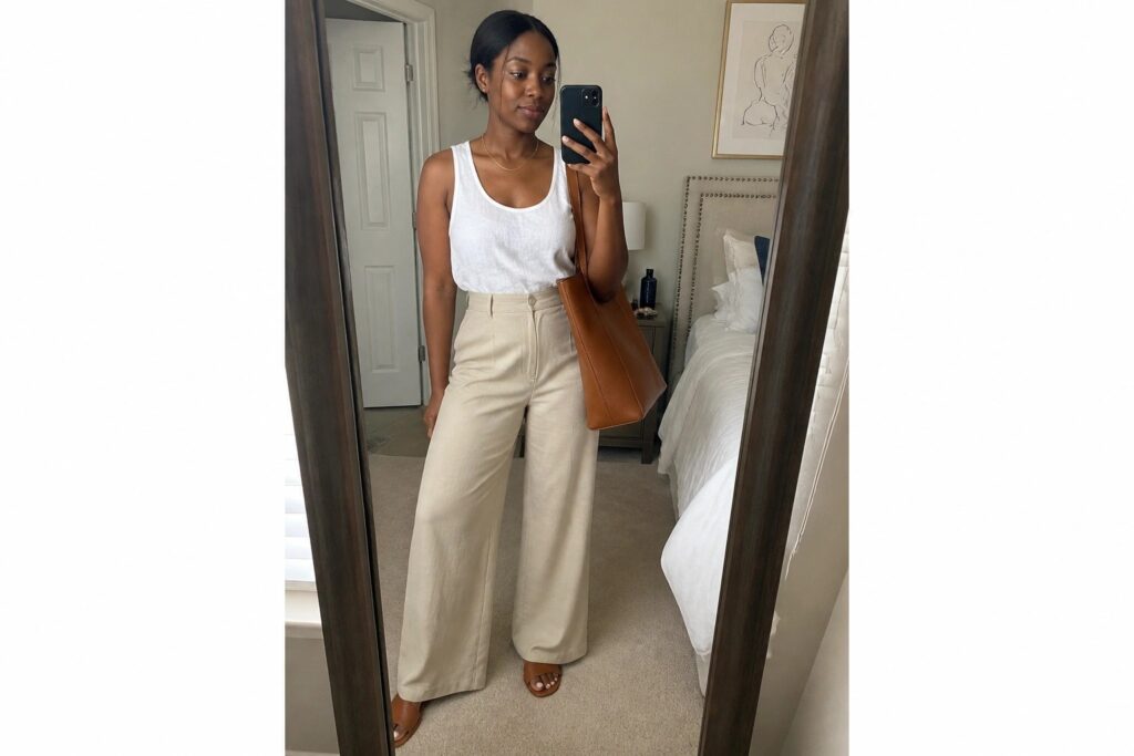 21 Minimalist Miami Outfits for Black Women Who Love Elevated Basics Woman in white tank top and beige wide-leg pants taking mirror selfie in bedroom