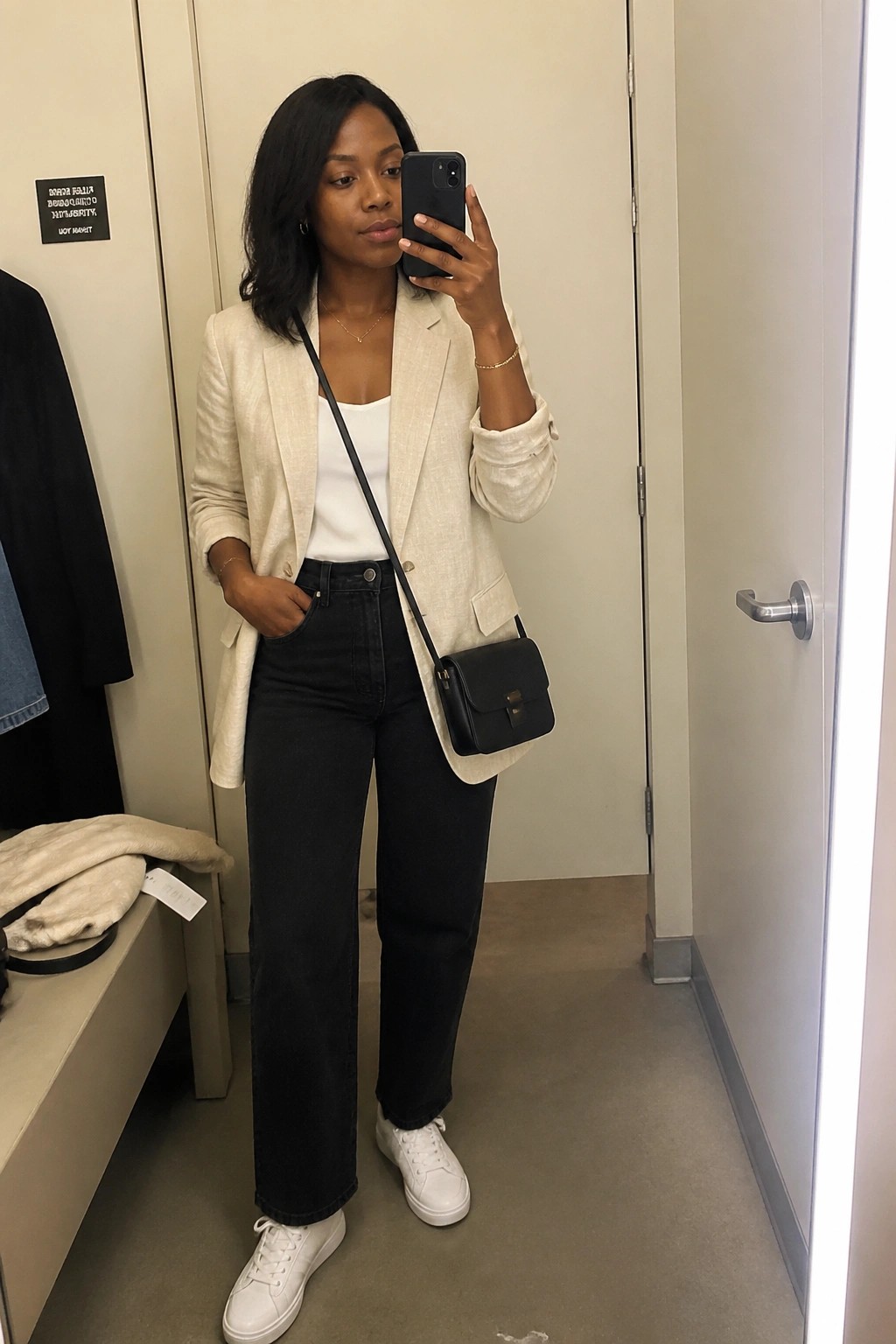 Woman in beige blazer and black jeans taking mirror selfie in fitting room