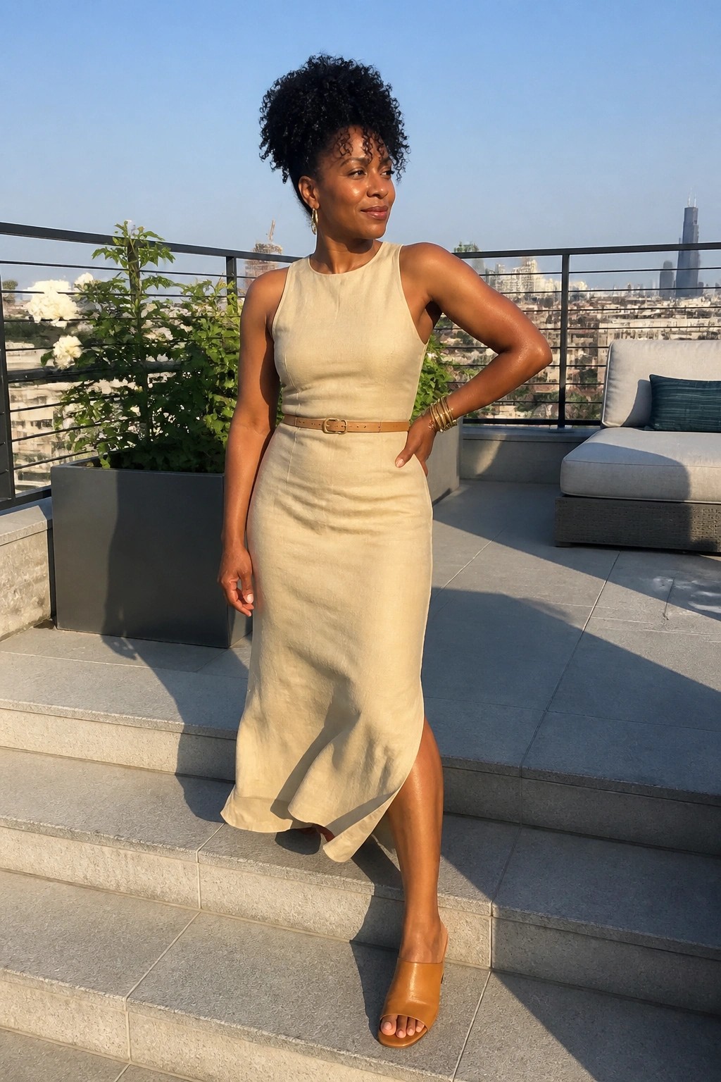 Woman in beige belted dress posing on sunny urban rooftop steps with skyline view