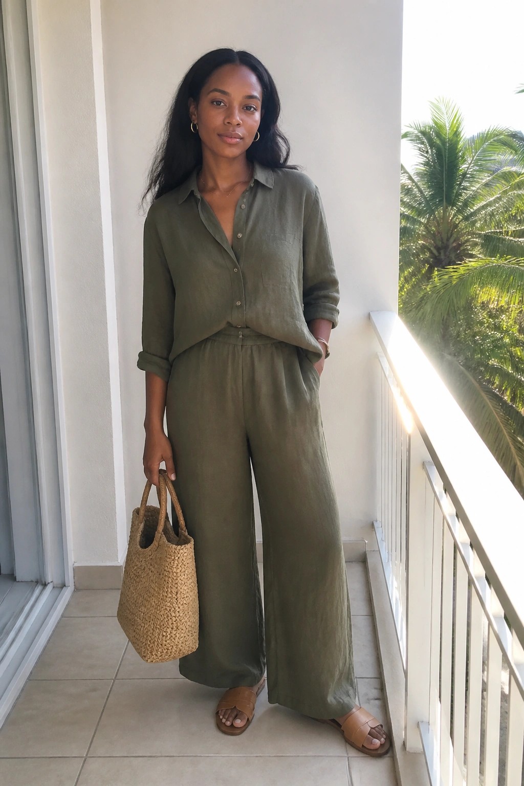 Black woman in olive green linen button up shirt and matching wide leg pants holding a woven straw tote with brown slide sandals and small hoop earrings.