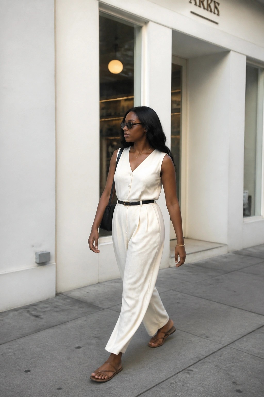 Woman in white jumpsuit with black belt walks past storefront on sidewalk