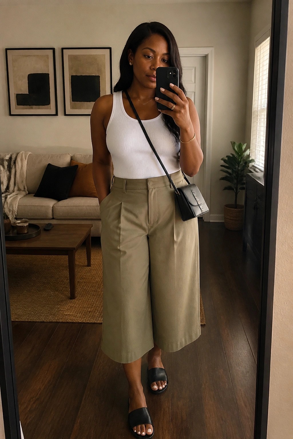 Woman in mirror selfie wearing white ribbed tank top tucked into sage green wide leg cropped trousers with black slides and small black crossbody bag plus layered gold necklaces.
