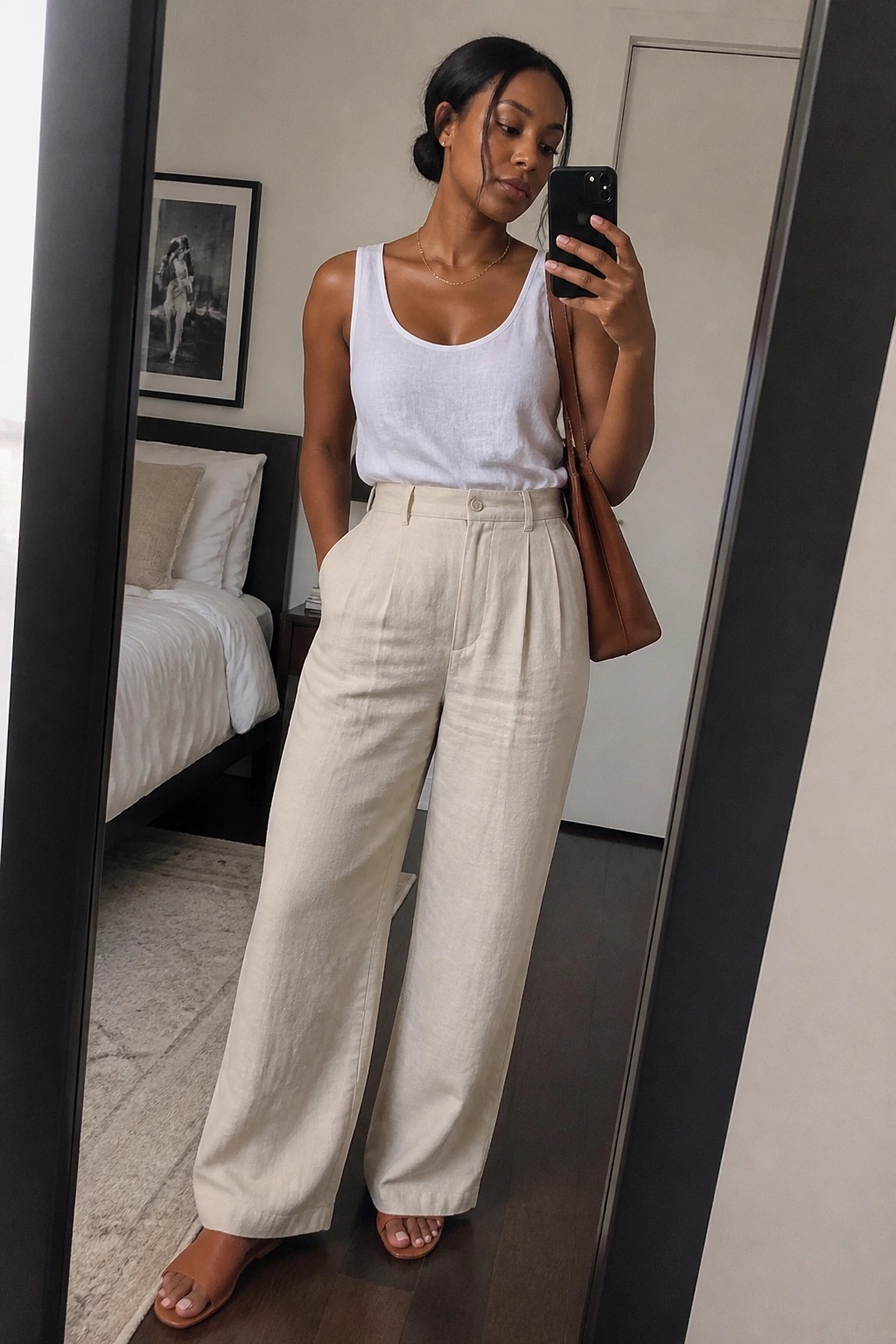 Woman in white tank top and beige wide-leg pants taking mirror selfie in bedroom