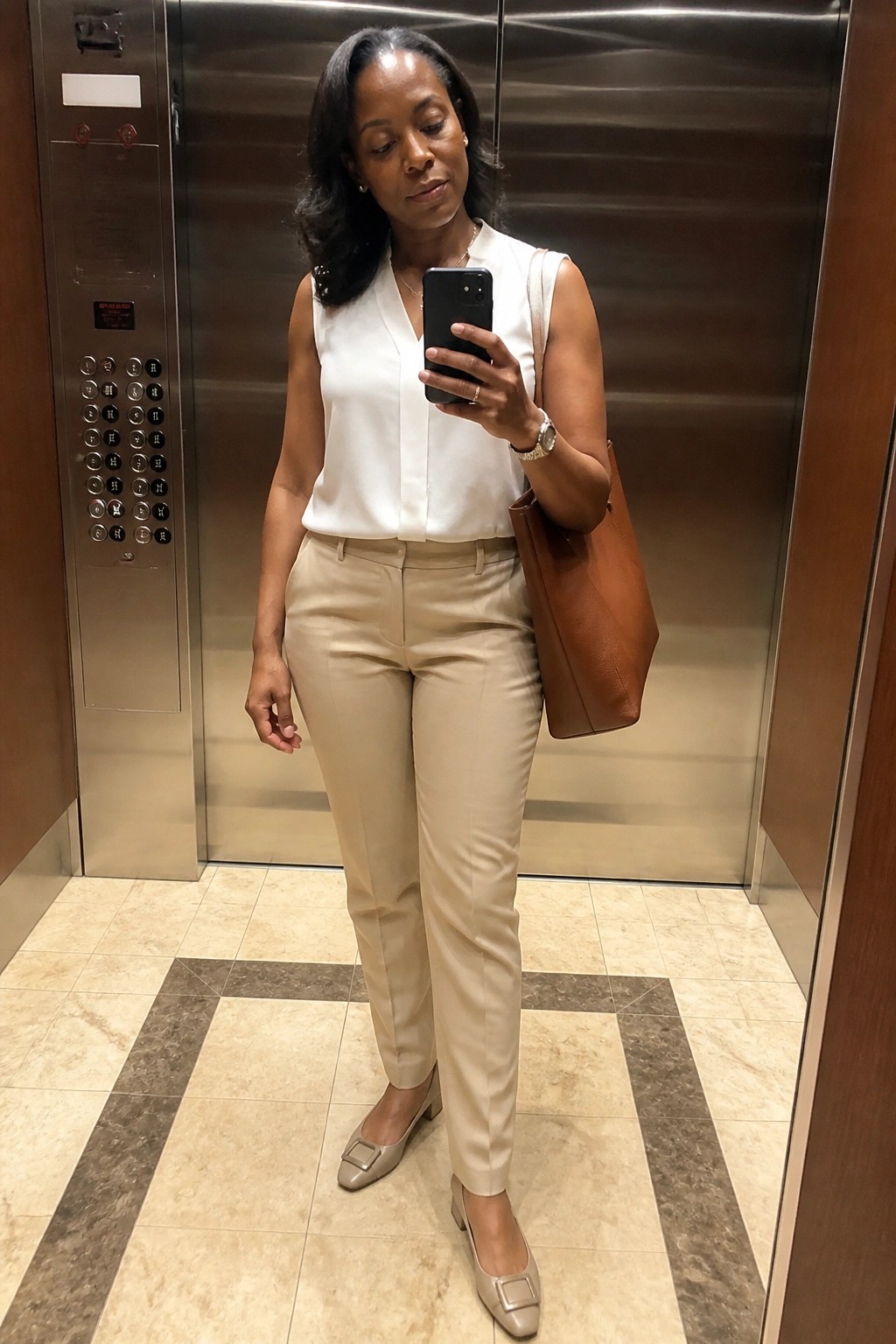 Woman in white blouse and beige pants holding phone in elevator with brown bag