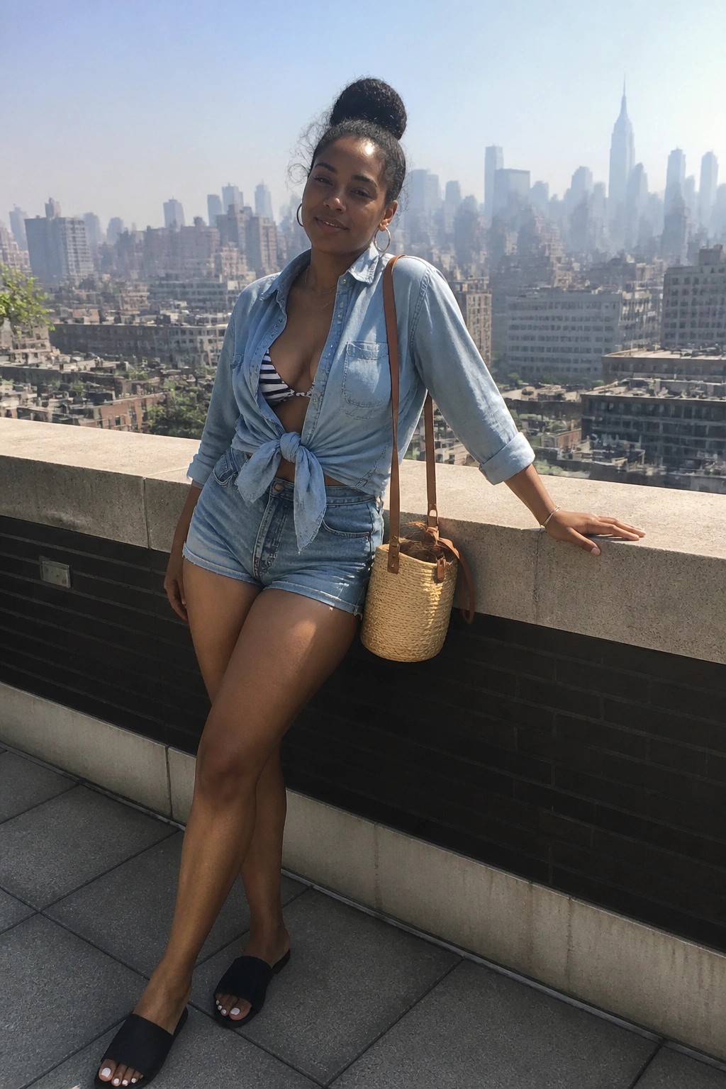 Woman in light blue tied denim shirt and shorts with straw bag on NYC rooftop