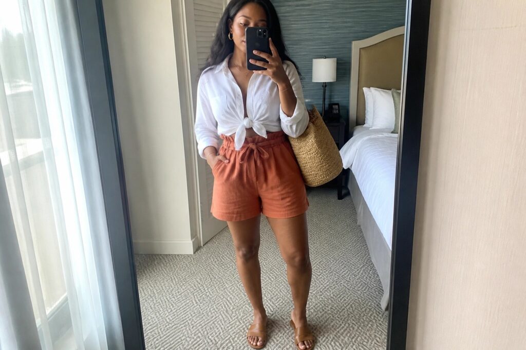 21 Vacation Outfits for Black Women Perfect for Warm-Weather Getaways Woman wearing a white button-down shirt tied at the waist with orange high-waisted shorts, carrying a straw bag and brown slide sandals while taking a mirror selfie.