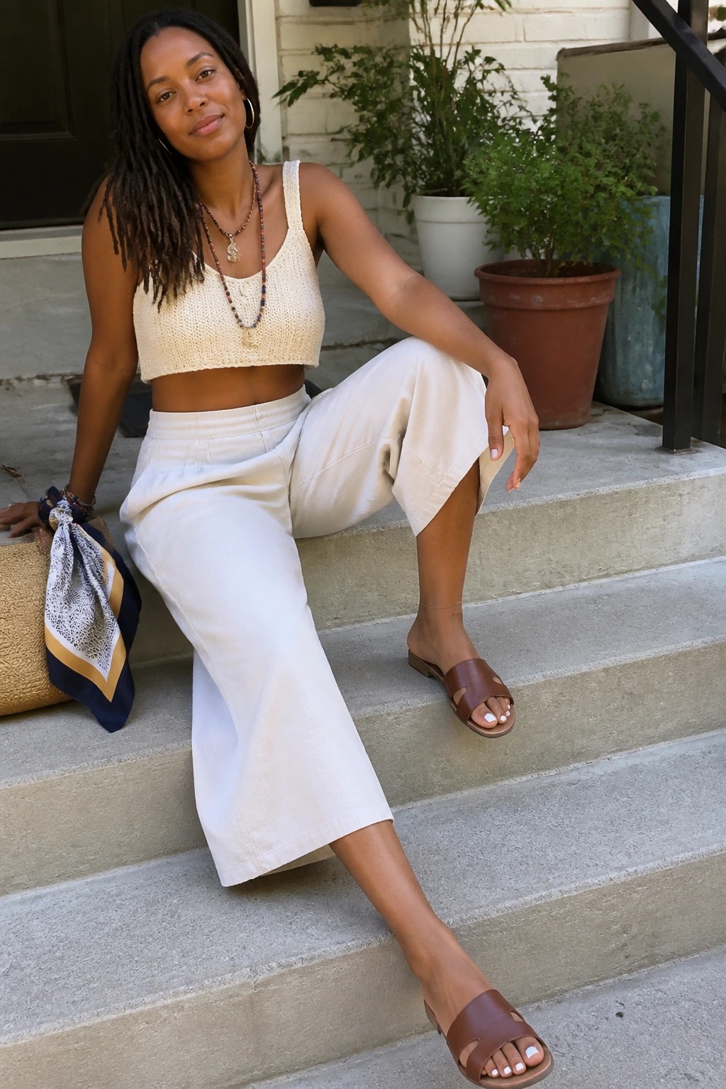 Woman in cream knit crop top and wide beige pants on concrete steps with bag