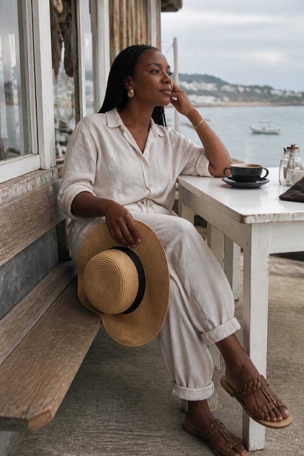 Woman wearing an off-white linen button-up shirt with rolled sleeves and matching cuffed wide-leg pants, paired with a straw hat featuring a black band, brown braided leather sandals, and simple gold jewelry.
