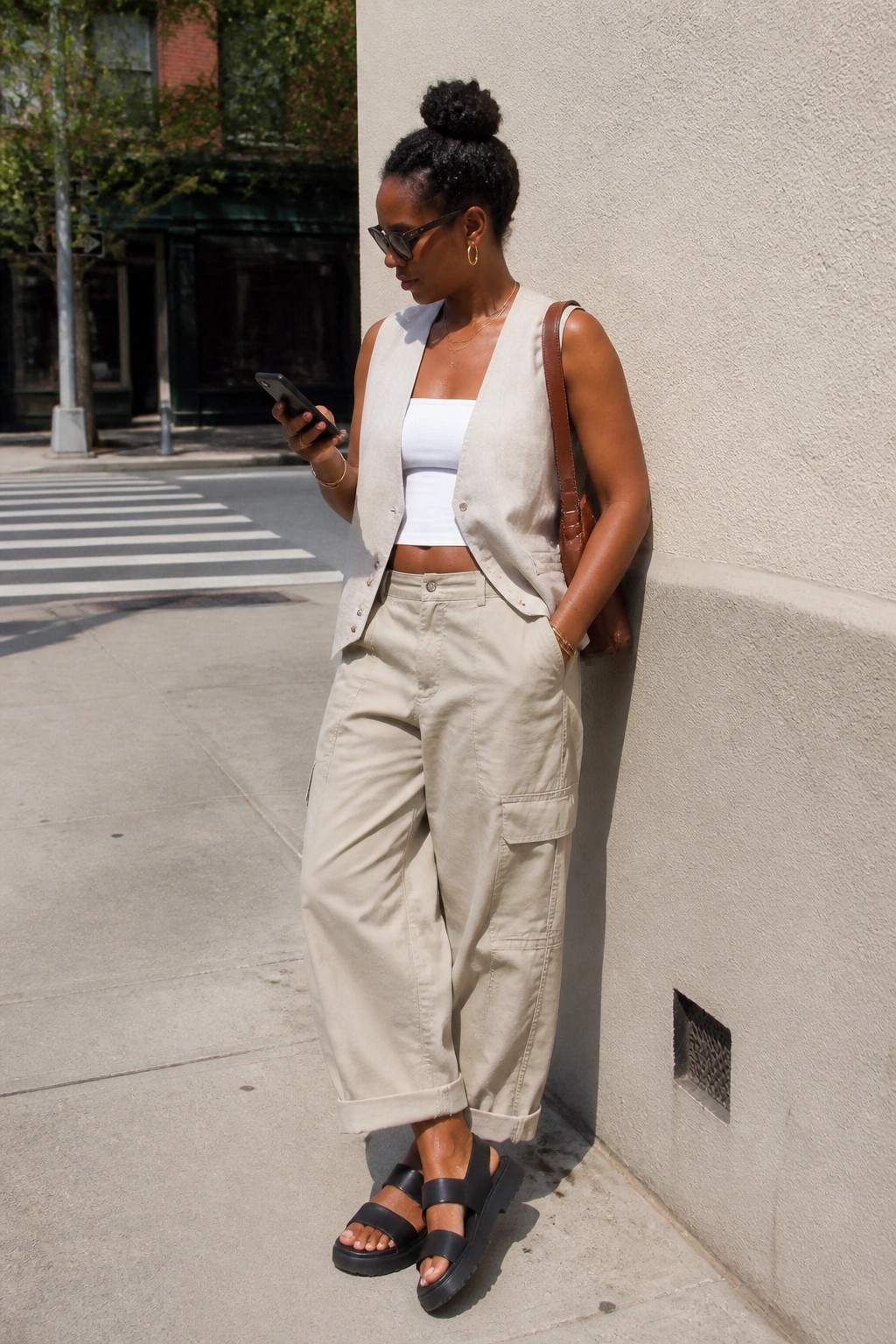 Stylish woman in beige vest and cargo pants checks smartphone against concrete wall.