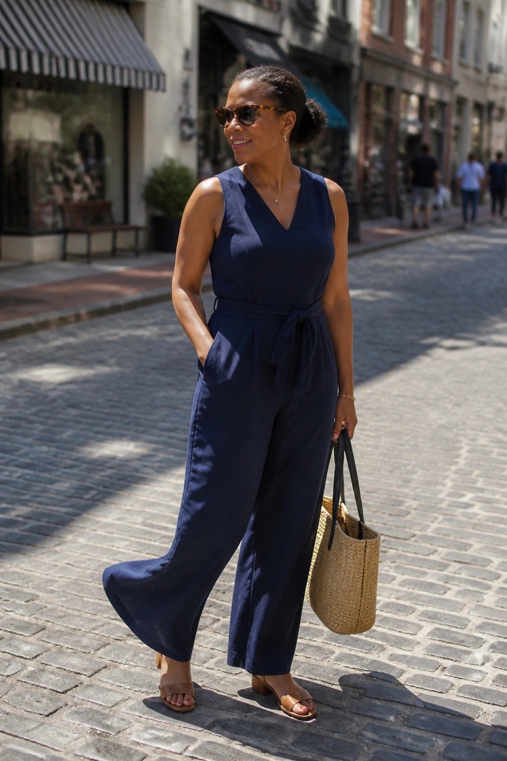 Woman in navy jumpsuit with straw bag on sunny cobblestone street