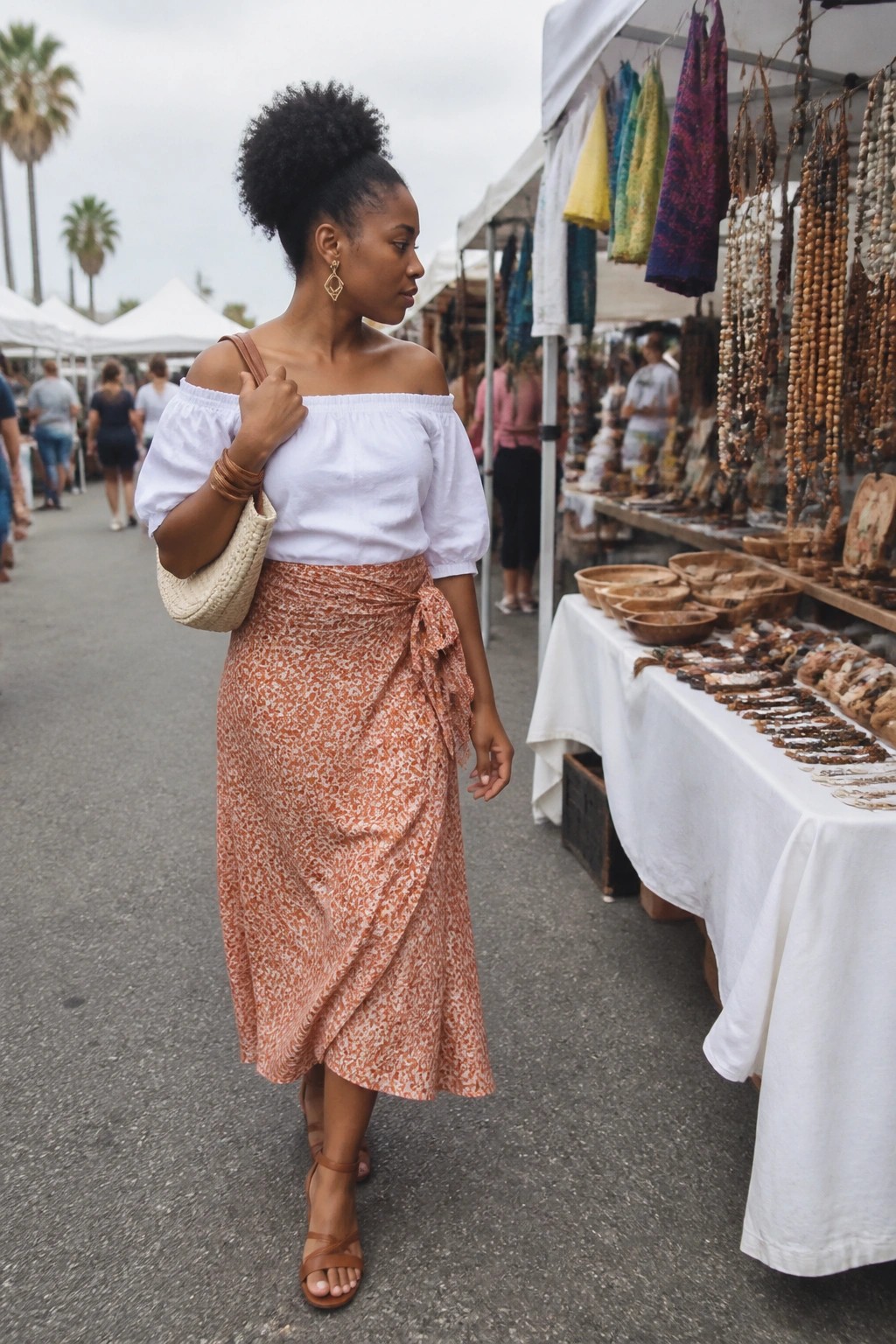 Woman in white off-shoulder puff sleeve top and terracotta floral wrap skirt carrying a woven bag at an outdoor market stall
