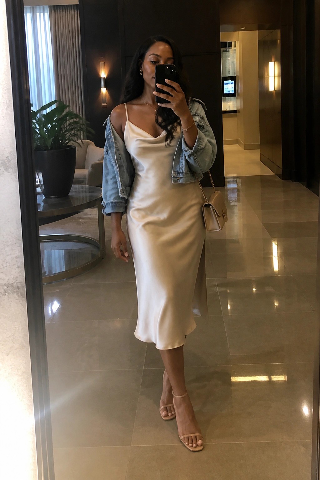 Woman in cream satin slip midi dress with light blue denim jacket off the shoulders, beige heeled sandals, and beige crossbody bag with gold chain strap.
