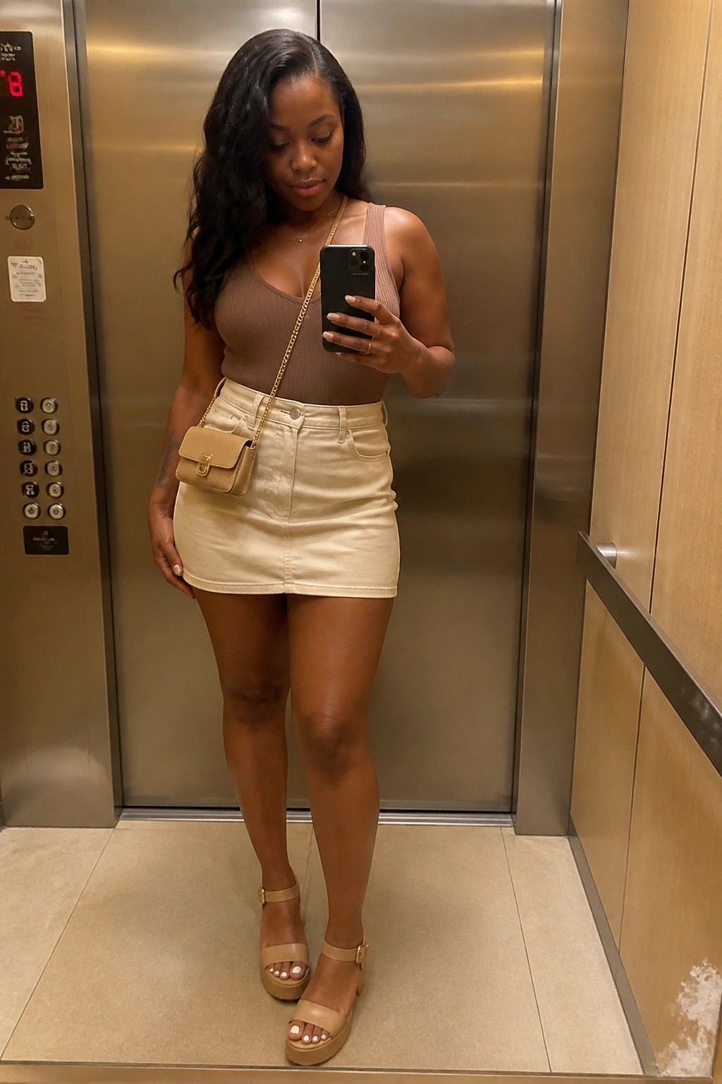 Woman in brown top and beige mini skirt taking selfie in elevator