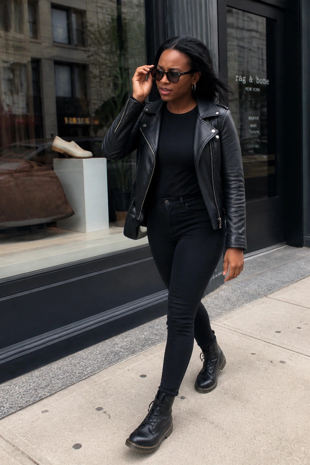 Woman wearing a black leather moto jacket over a black ribbed top with black skinny jeans and black combat boots while adjusting sunglasses outdoors.