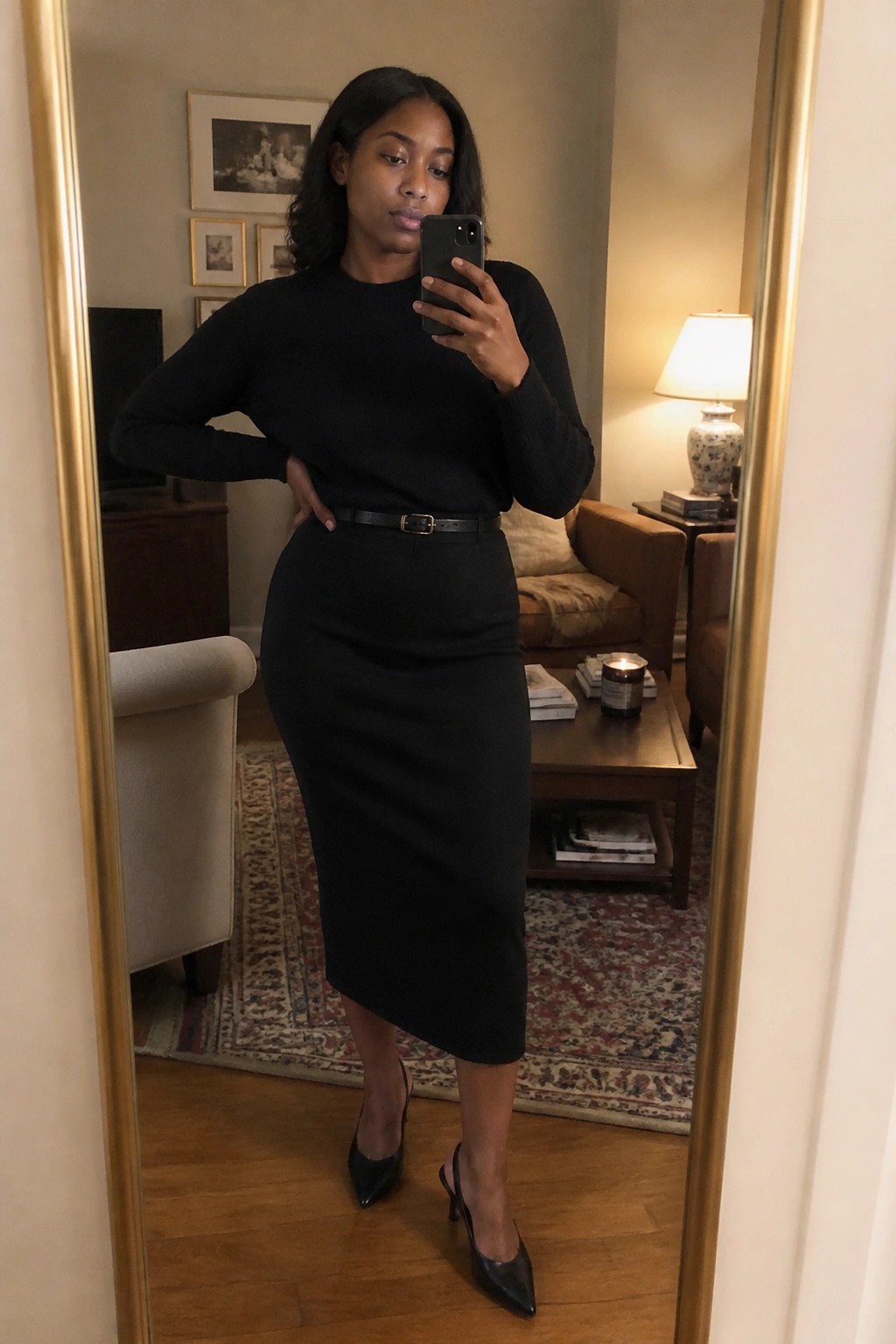 Woman in black top and midi skirt taking mirror selfie in living room