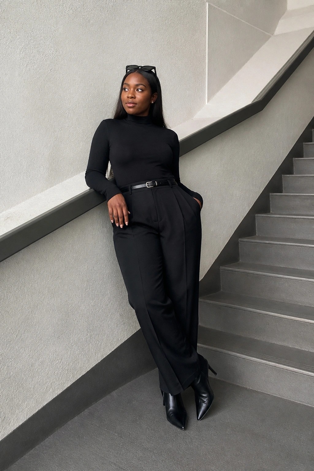 Woman in black turtleneck and wide-leg pants leaning by gray staircase.