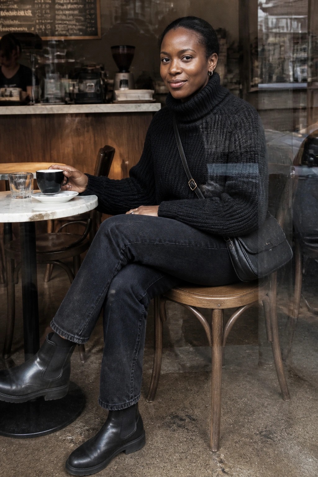 Woman in black turtleneck sweater holding coffee cup in cafe setting