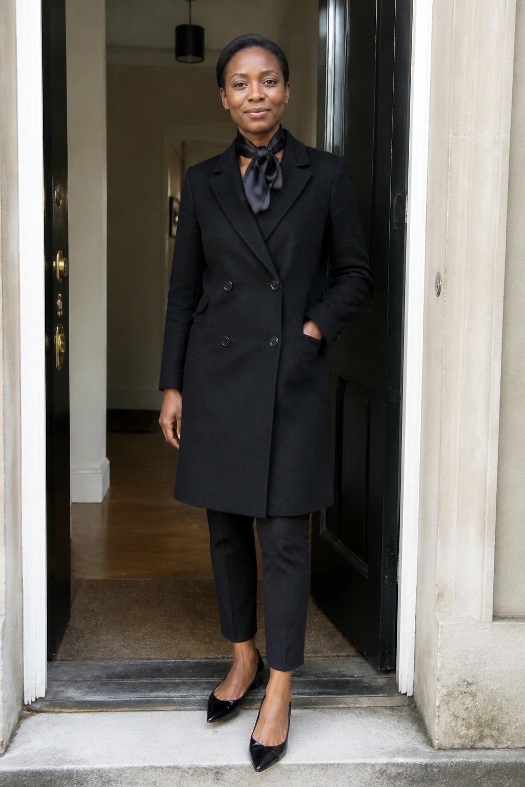 Woman in black double-breasted coat and scarf standing in doorway