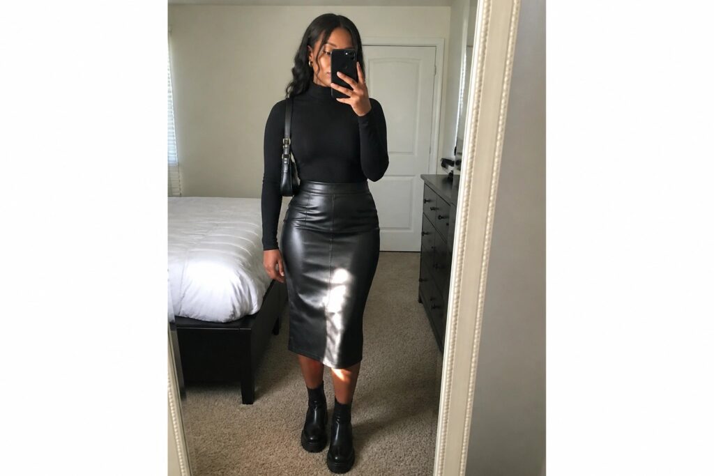 22 All-Black Fall Outfits for Black Women That Always Look Elevated Woman in black turtleneck and leather midi skirt taking bedroom mirror selfie