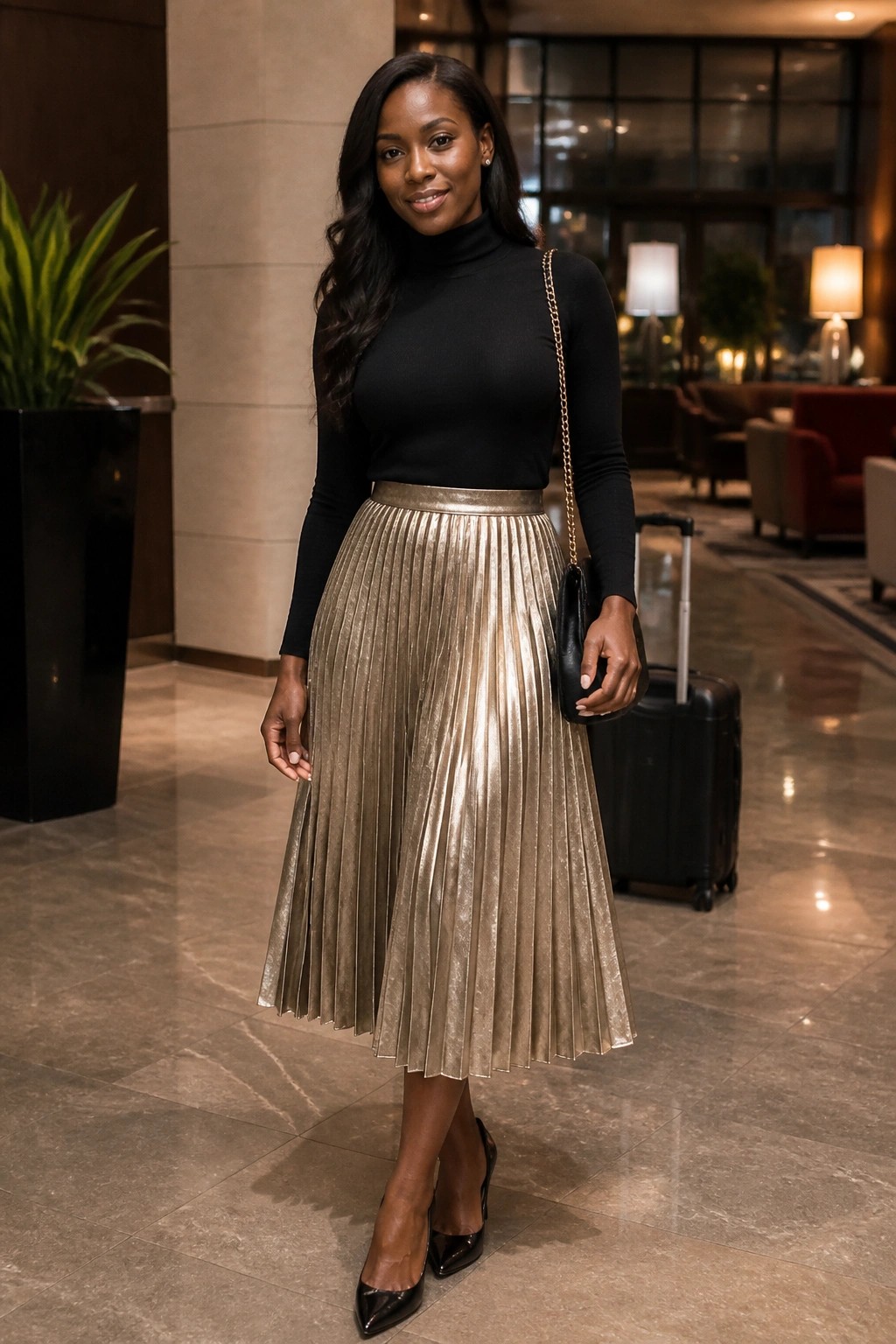 Woman in black turtleneck and shiny gold pleated skirt with chain purse