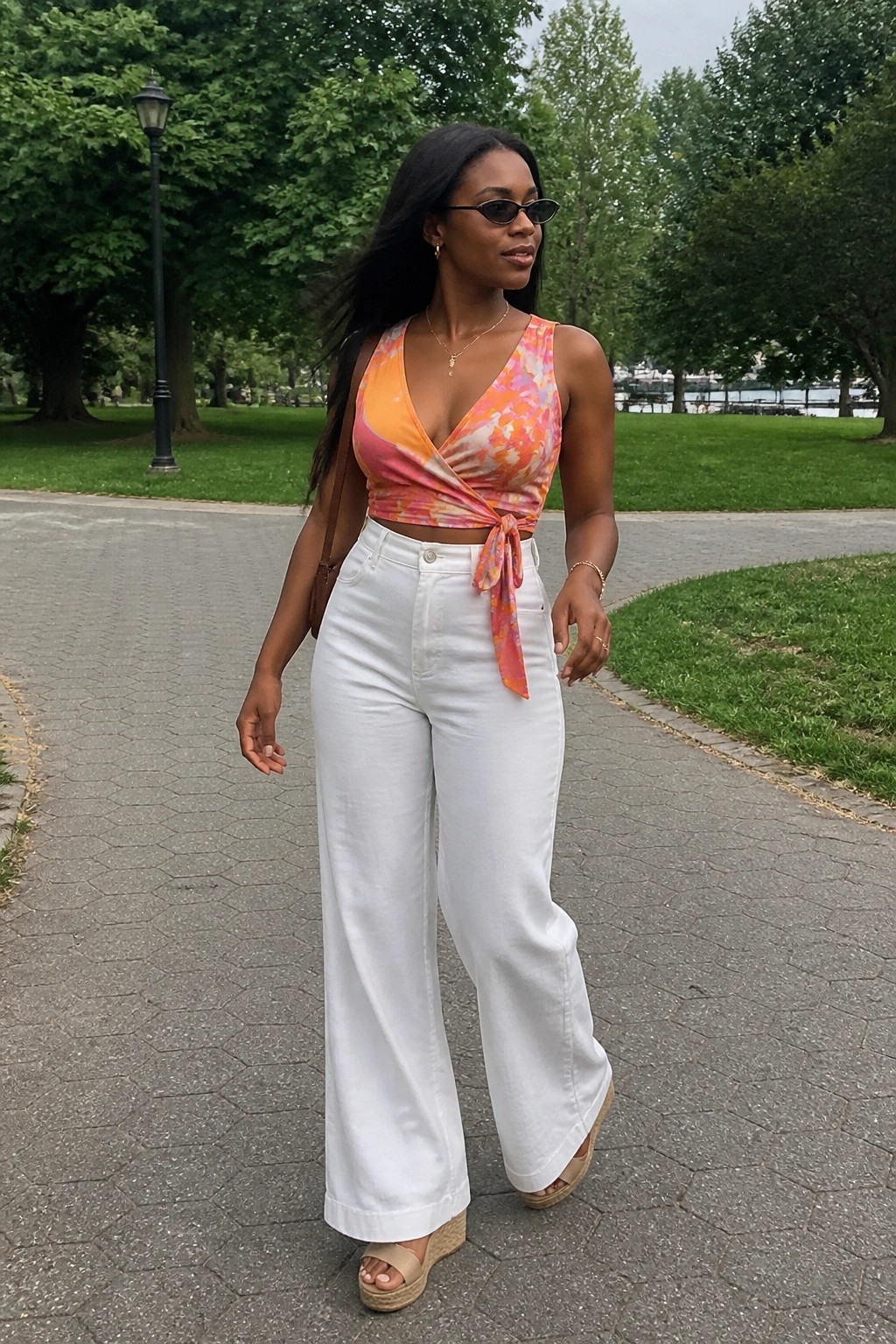Woman in colorful wrap top and white wide-leg pants on park path