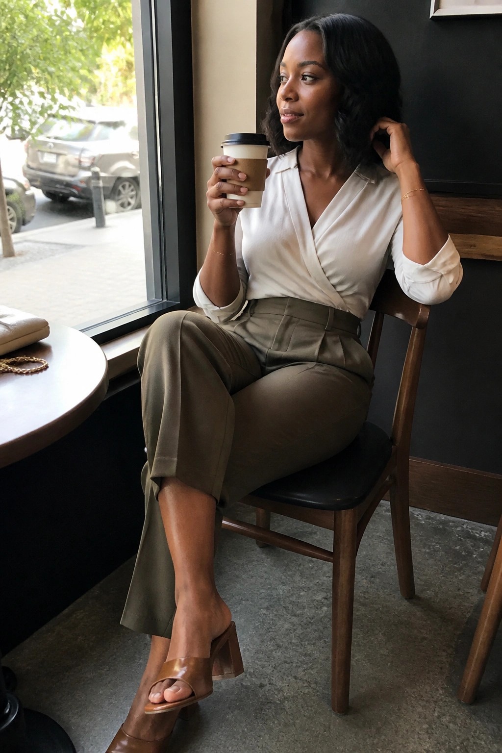 Woman in white blouse and olive pants holds coffee by window in cafe