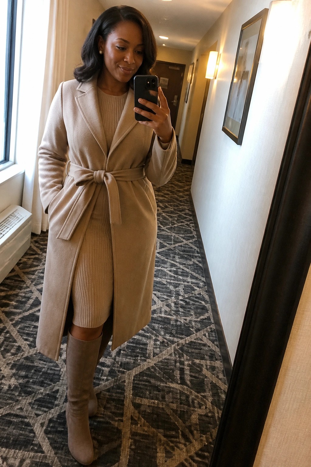 Woman in beige belted coat and boots taking mirror selfie in hallway.