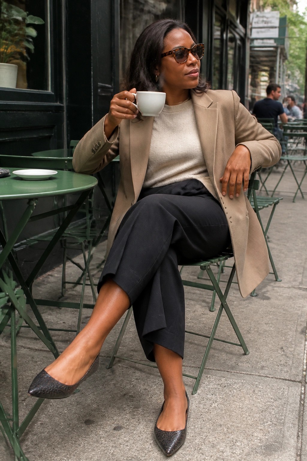 Woman in beige blazer and black pants holding coffee at outdoor cafe