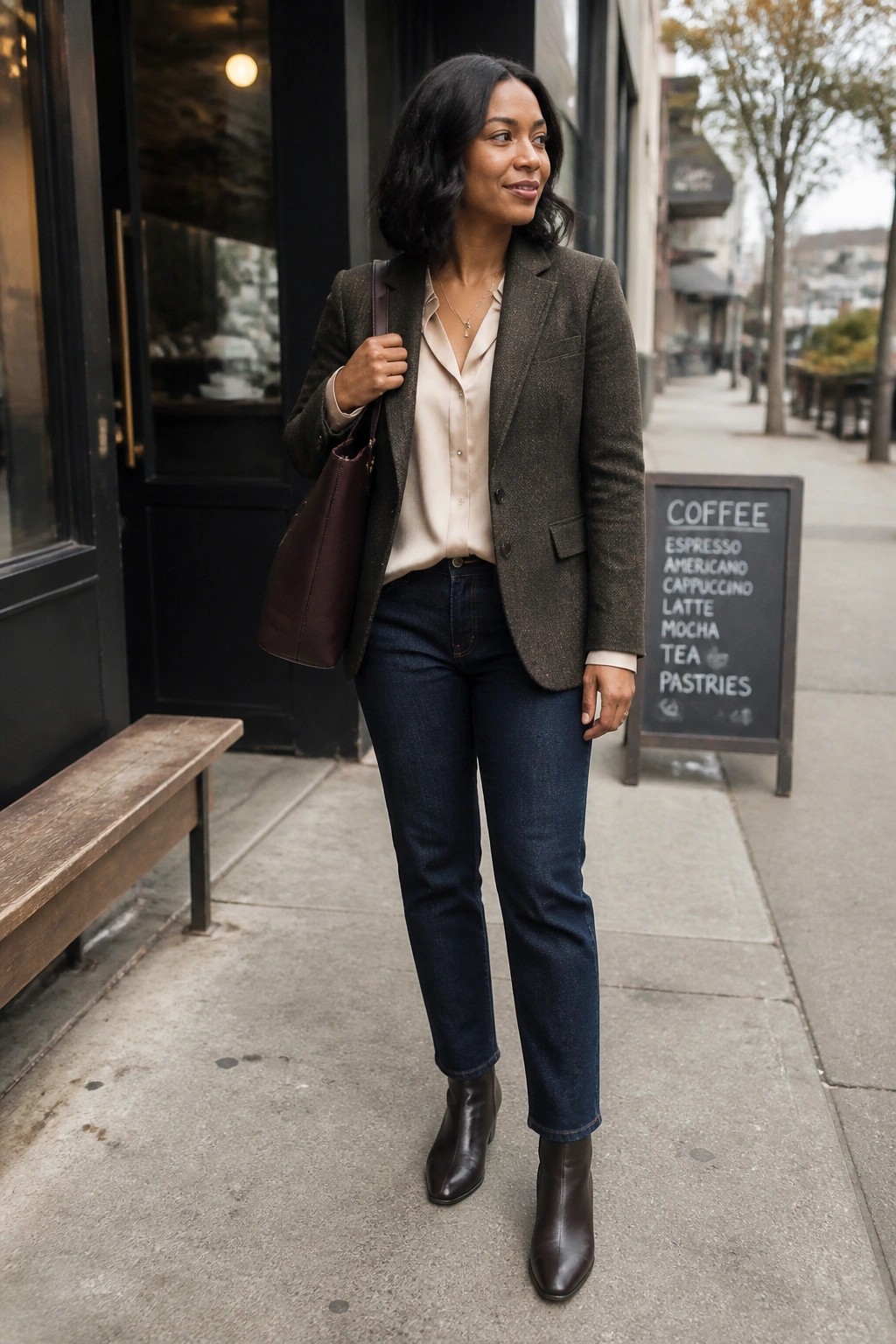 Woman in brown tweed blazer and jeans with handbag outside coffee shop