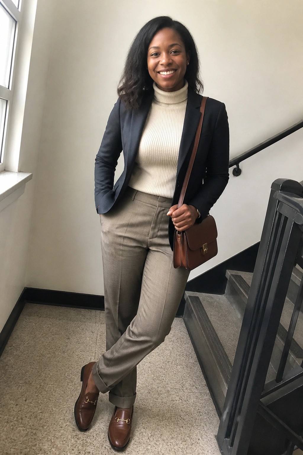 Smiling woman in navy blazer, cream turtleneck, taupe pants, brown loafers holding handbag.