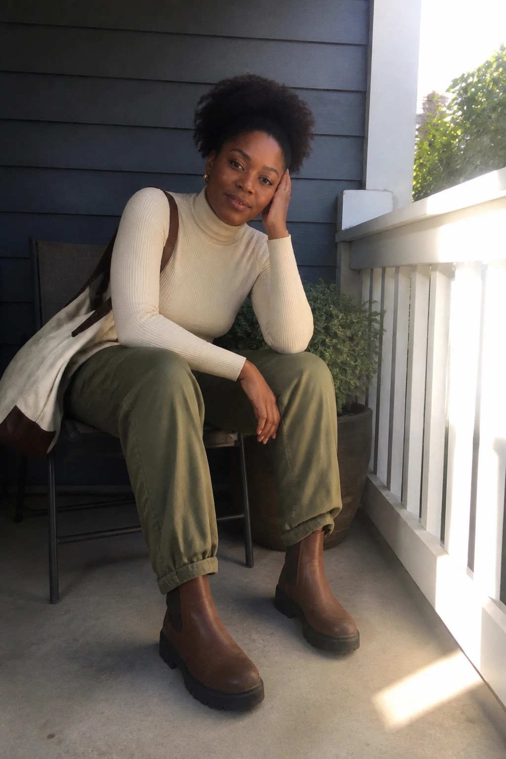 Woman in cream turtleneck, green pants, brown boots with white tote on porch