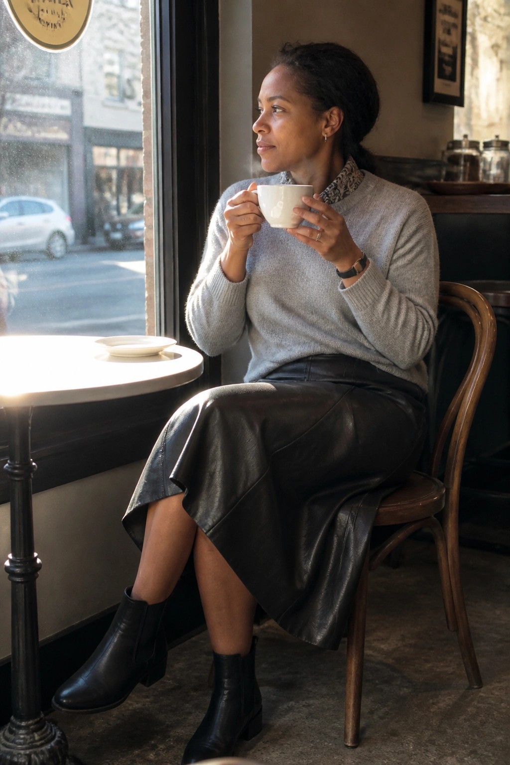 Woman in gray knit sweater over patterned collared shirt tucked into black leather midi skirt with black ankle boots sitting in a cafe holding a white mug.
