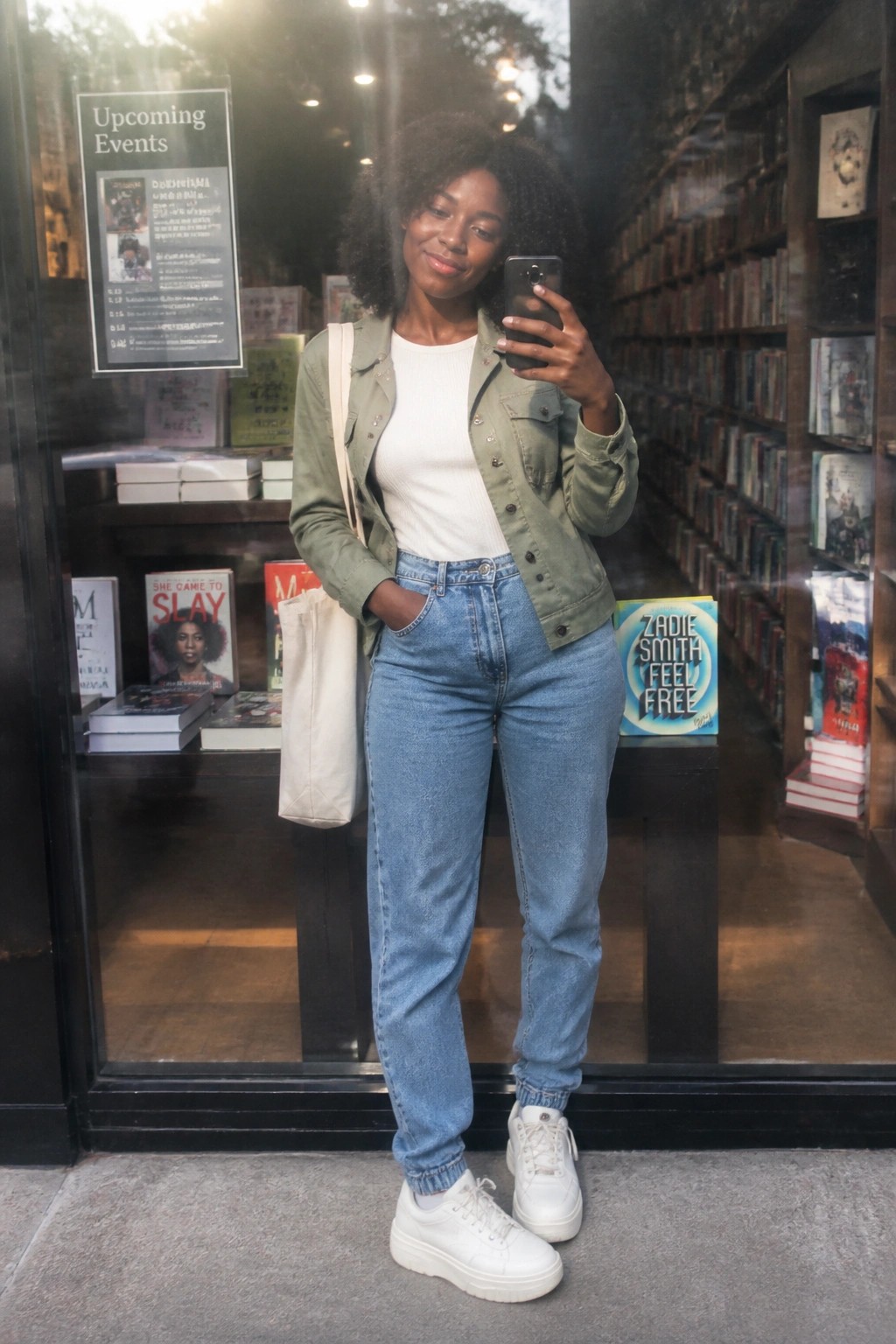 Black woman wearing a green utility jacket over a white ribbed top with blue jeans and white sneakers while holding a phone in front of a bookstore window.